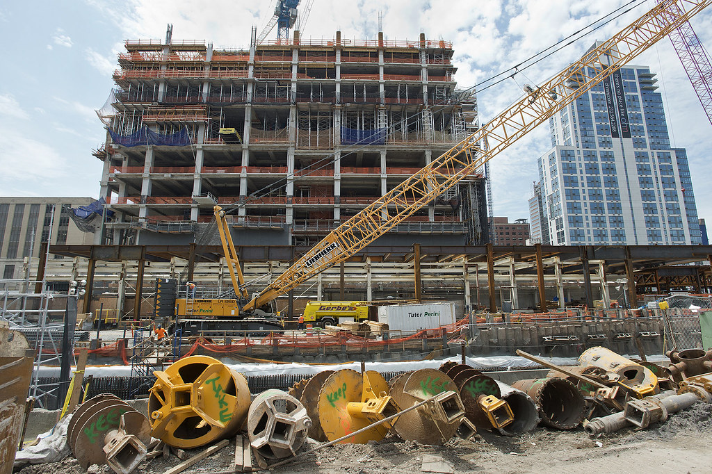 Commercial high-rise construction site with crane, representing tenant improvement and general contracting work in Chicago